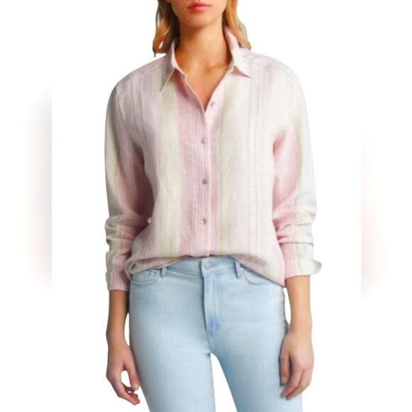 Tommy Bahama Ocean Reverie Linen Striped Notch Collar Button-down Blouse… - Picture 1 of 7